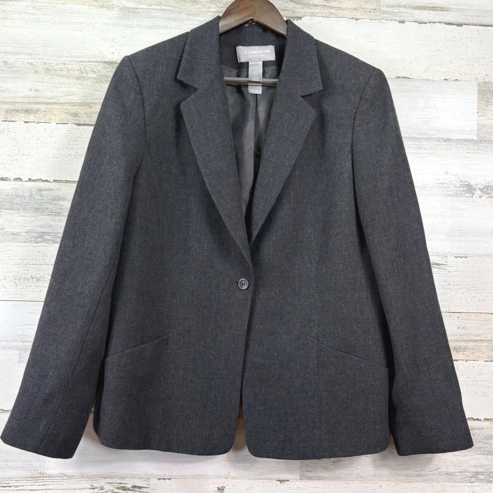 Liz Claiborne Blazer Womens 14 Grey Wool Blend Single Button Professional Chic